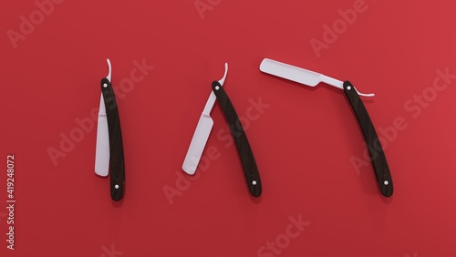 3d rendering. three straight razors with a wooden handle on a red background.