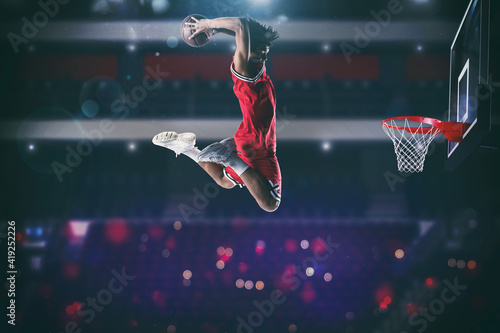 Basketball game with a high jump player to make a slam dunk to the basket