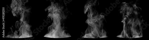 Set of steam from round dishes - pots, mugs or cups isolated on black background