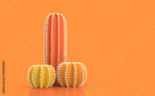 Abstract concept on the topic of the male penis. Three different cacti with thorns on a bright colored pastel background as a concept of infertility and abstinence. 3d illustration