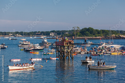 USA, Massachusetts, Cape Ann, Gloucester. Saint Peters Fiesta, traditional Italian fishing community festival, Greasy Pole Competition.