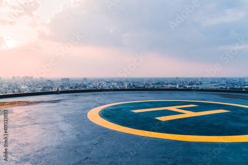 Helipad sunset Bangkok, Thailand, rooftop helicopter, top of the building, skyline, helicopter landing area in the city