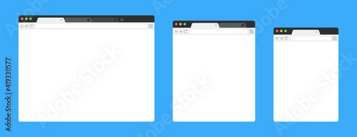 Browser mockups on blue background. Design a simple blank web page. Template browser window on compute, tablet and smartphone. Vector set.