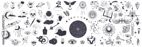 Mystic vector items, moon, hands, crystals, planets. Doodle astrology style. Doodle esoteric, boho mystical hand drawn elements. Magic and witchcraft, witch esoteric alchemy. Icons set. Vector