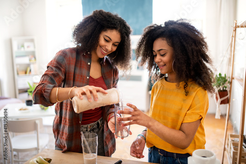 Portrait of young sisters indoors at home, making smoothie.