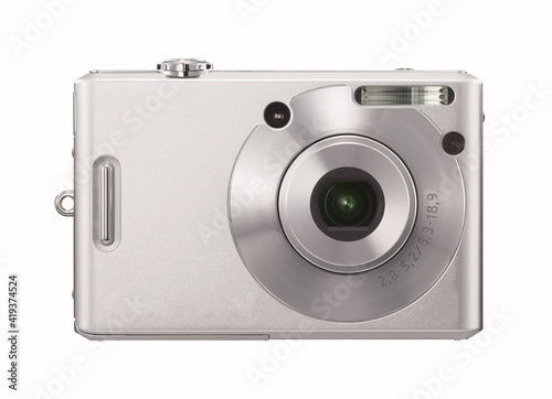 Digital compact camera on white background