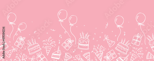 Fun hand drawn party seamless background with cakes, gift boxes, balloons and party decoration. Great for birthday parties, textiles, banners, wallpapers, wrapping - vector design