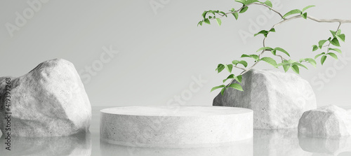 White stone podium, Cosmetic display product stand with water reflection and nature leaves background. 3D rendering 