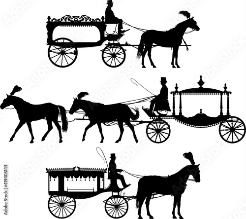 Three different horse drawn hearse carriage vector silhouette 