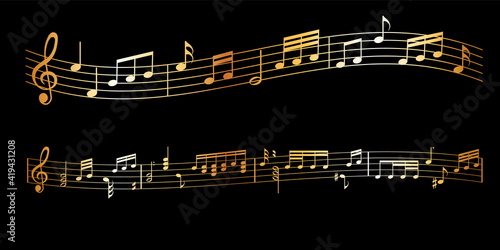 vector sheet music - gold musical notes melody on dark background 