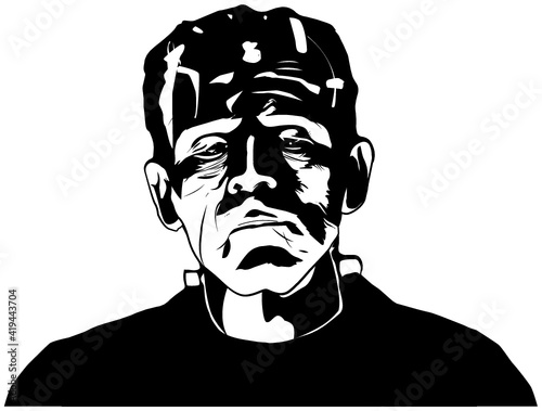 Black and white image of Frankenstein's monster. 