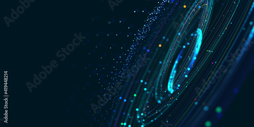 Wireless systems, globalization, big data. Data analytics, blockchain technology. 3D illustration of circular paths. Orbital motion abstract background