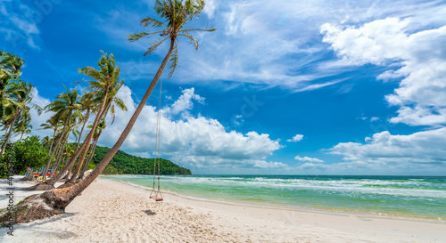 Seascape with tropical palms on beautiful Sao sandy beach in Phu Quoc island, Vietnam