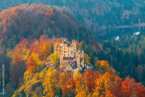 Hohenschwangau castle near famous Neuschwanstein castle in beautiful autumn colors in Bavaria and Fussen province