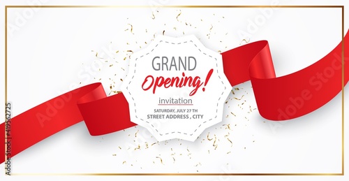 Grand opening card design with red ribbon and colorful confetti