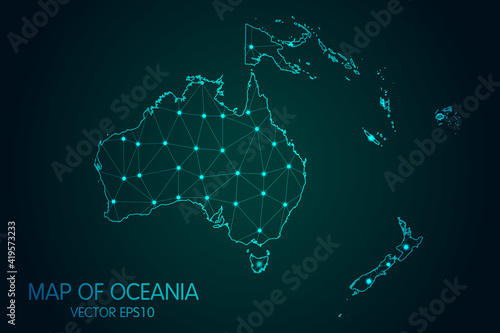 Map of Oceania - With glowing point and lines scales on the dark gradient background, 3D mesh polygonal network connections.Vector illustration eps 10.