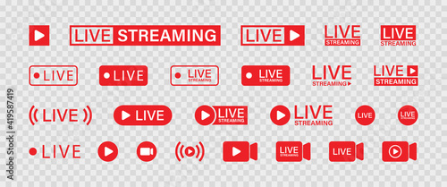 Live streaming set red icons. Play button icon vector