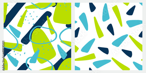 Set of abstract geometric seamless patterns with different forms. Blue and green colors, collection of bright textures