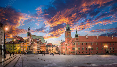 Panorama of the old town in Warsaw (Warszawa), Poland. The Royal Castle and Sigismund's Column called Kolumna Zygmunta at sunset. Historic Center is UNESCO World Heritage Site.