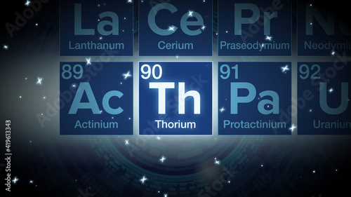 Close up of the Thorium symbol in the periodic table, tech space environment.