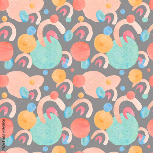 Watercolor seamless pattern with abstract shapes on grey isolated background.Space pink and green print with hand painted textures.Designs for textiles,wallpaper,wrapping paper,fabric,social media.