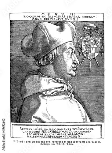 Albert of Brandenburg or Albrcht von Brandenburg, Elector and Archbishop of Mainz, supporter of catholicism agaist Martin Luther, engraving by Albrecht Duerer