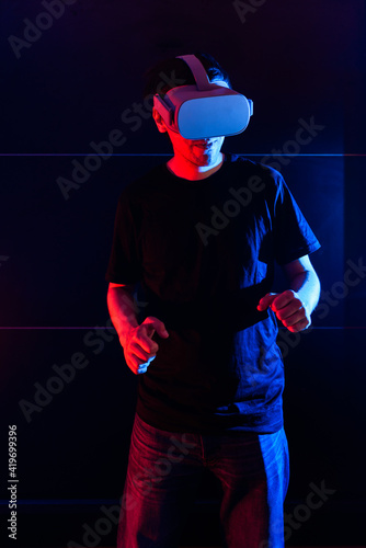 Gamer Man Wearing Virtual Reality Goggles