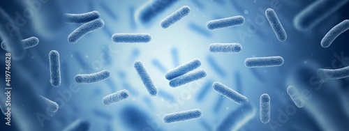 Bacteria. Bacterium. Blue color. Prokaryotic microorganisms. 3d illustration. Banner