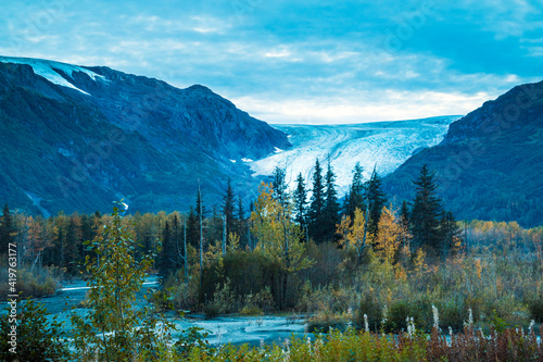 dramatic autumn landscape of the receding Exit Glacier in Kenai Fjord national Park in Alaska.