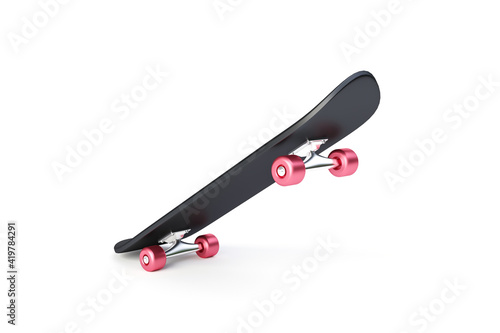 Black skateboard and pink wheel or skating surf board isolated on white background with extreme sports. 3D rendering.