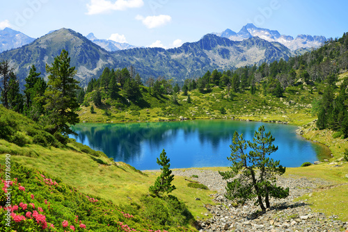 Beautiful mountain landscape in Neouvielle national nature reserve, Lac de Bastan inferieur, French Pyrenees.