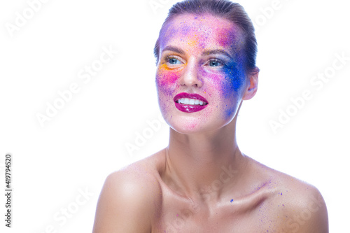 Beauty Ideas. Beauty Closeup Portrait of Relaxing Caucaisan Girl With Powder Colorful Artistic Makeup Across The Face On White.