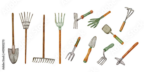 Garden tools for digging and loosening the soil. Hand painted watercolor illustration of shovels, rakes and hoes on white background.