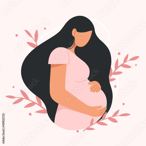 Portrait of beautiful young pregnant woman. Concept of pregnancy and motherhood. Flat vector illustration.