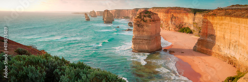 Twelve Apostles at the Great Ocean Road in Australia at sunset - Panorama