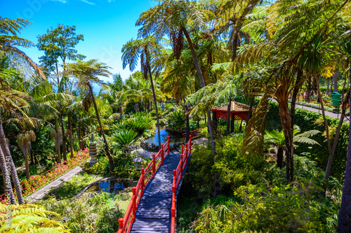 Monte Palace - Tropical Garden with Waterfalls, Lakes and traditional buildings above the city of Funchal - popular tourist destination in Madeira island, Portugal.