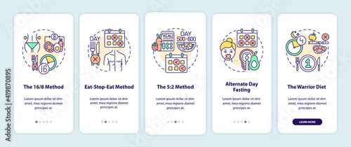 Intermittent fasting methods onboarding mobile app page screen with concepts. 16-8 or 5-2 method. Diet walkthrough 5 steps graphic instructions. UI vector template with RGB color illustrations