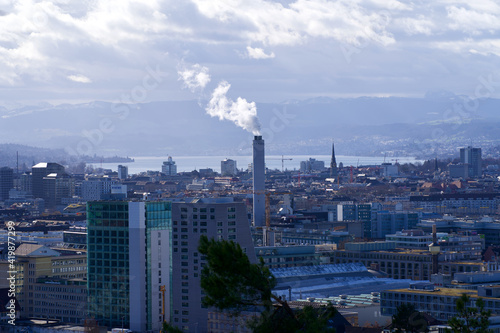 Panorama view over city of Zurich. Photo taken March 12th, 2021, Zurich, Switzerland.