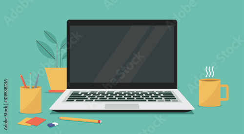 laptop computer with blank empty display screen for copy space on workplace, vector flat illustration 