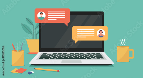 online chatting on laptop computer concept, man and woman connecting together and work from anywhere, vector flat illustration 