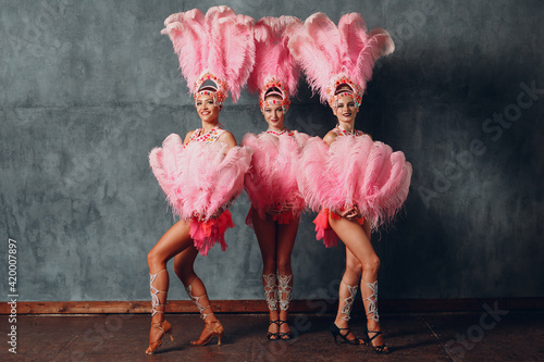 Three Women in cabaret costume with pink feathers plumage
