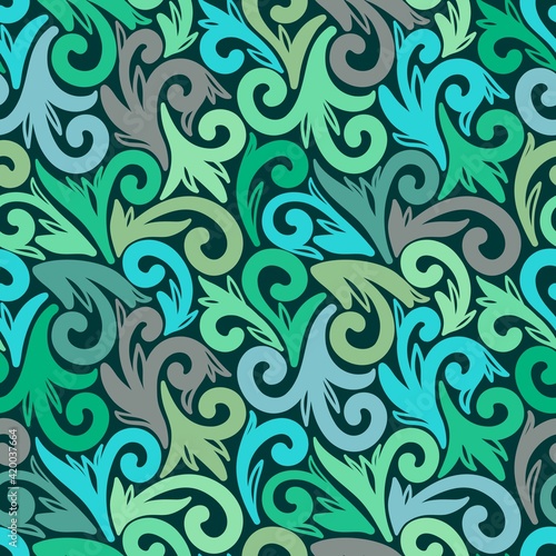 DARK GREEN SEAMLESS BACKGROUND WITH COLORFUL PATTERNS