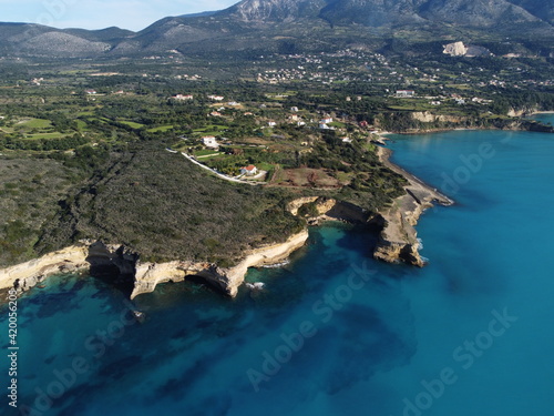 Drone view of Karavados village and Saint Thomas beach in Kefalonia, ionian island in Greece