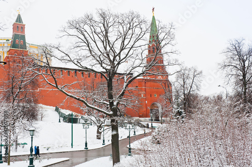 Alexander Garden (Aleksandrovsky Sad). Winter day after snowfall. Moscow. Russia