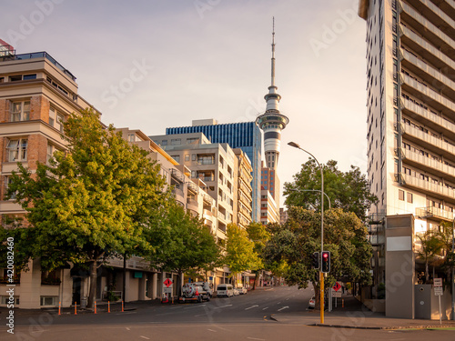 Auckland skyline with sunset in New Zealand.