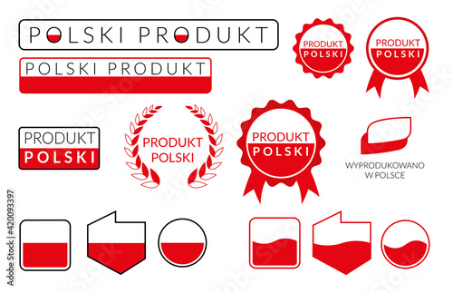Wyprodukowano w Polsce PRODUKT POLSKI ikona symbol na opakowania, zestaw różnych znaków i logo. Wektor layout made in poland.