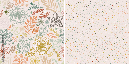 Set of hand drawn floral template for cover, home decor, backgrounds, cards. Children abstract and floral design in doodle style. Vector illustration and seamless pattern in pastel warm colors