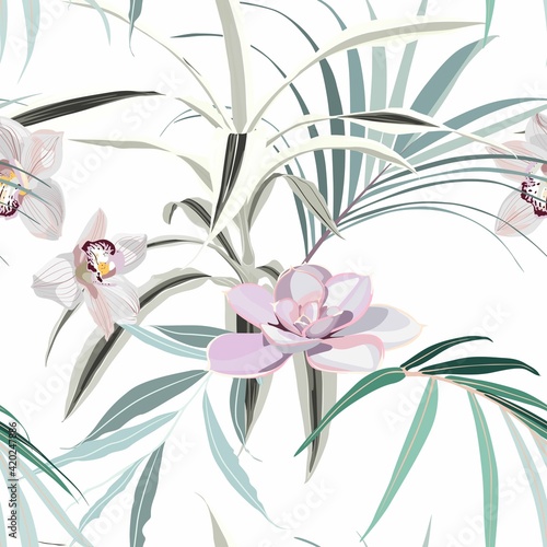 Tropical leaves with flowers. Seamless design with amazing palant with flowers. Fashion, interior, wrapping, packaging suitable. Realistic branch on white background. Pastel colors.