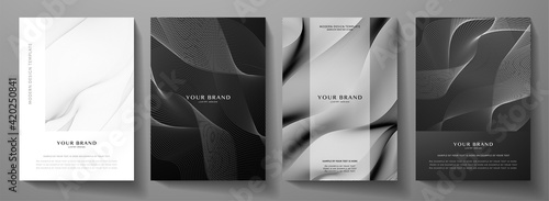 Modern cover design set. Abstract wavy line pattern (guilloche curves) in monochrome color: black, white. Premium stripe vector layout for business background, certificate, brochure template, booklet