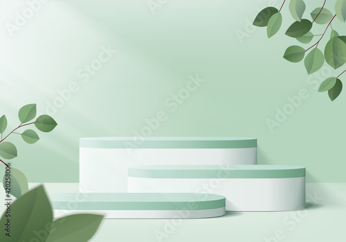 3d display product abstract minimal scene with geometric podium platform. cylinder background vector 3d rendering with podium. stand for cosmetic products. Stage showcase on pedestal 3d green dais